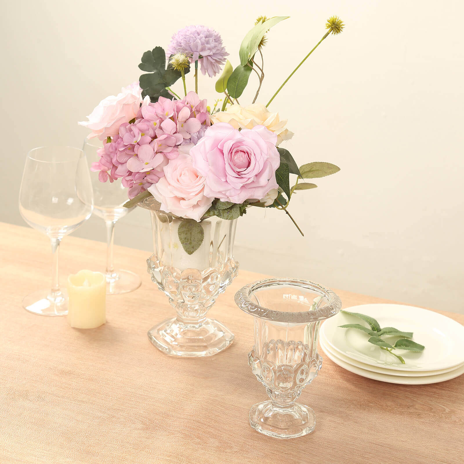 2-Pack Glass Mini Pedestal Flower Vases in Classic Roman Urn Style Clear - Sophisticated Wedding Table Centerpieces 6"