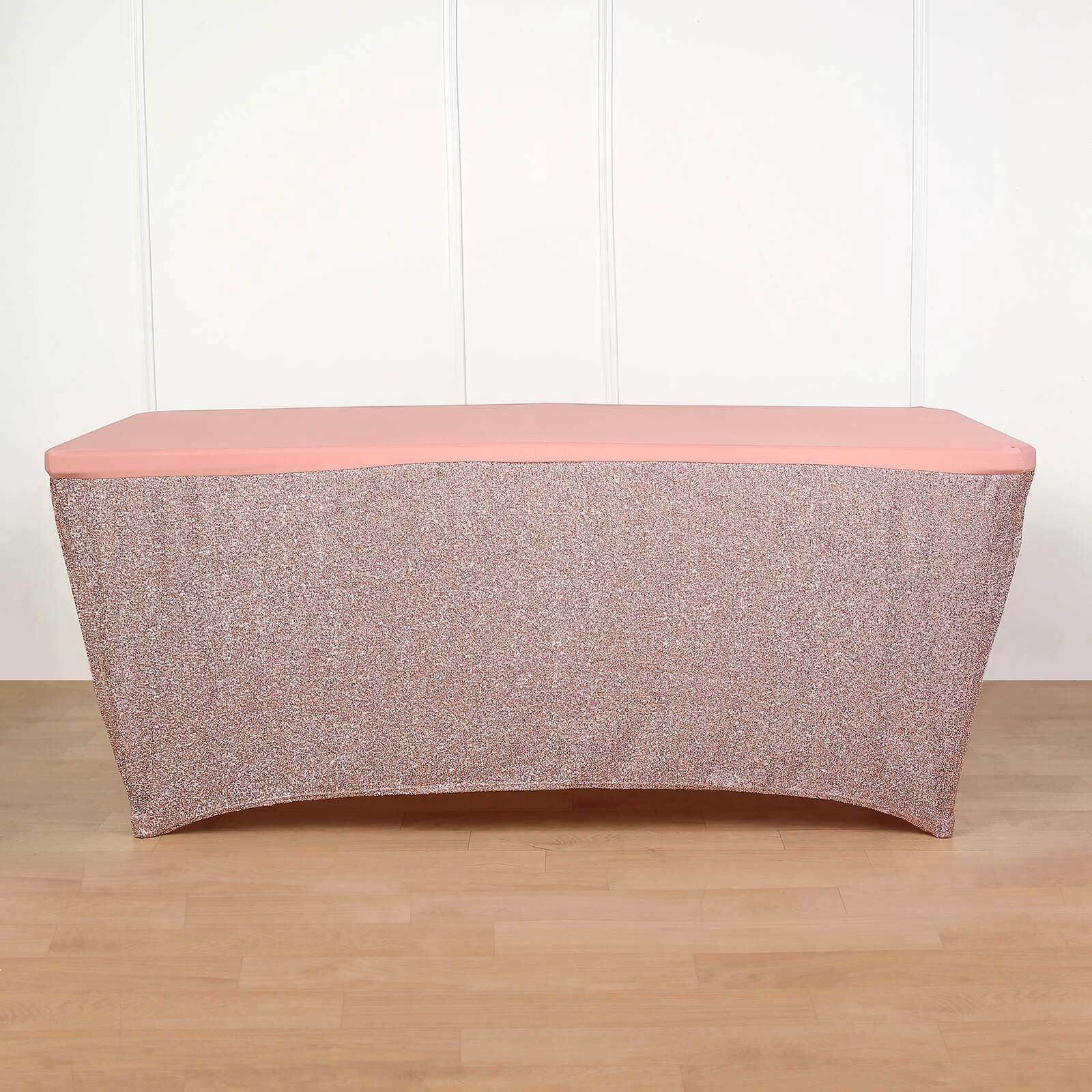 Shimmer Tinsel Spandex 72"x30" Rectangle Tablecloth Metallic Rose Gold Glittered Shiny Stretch Table Cover for Gleaming Event Decor