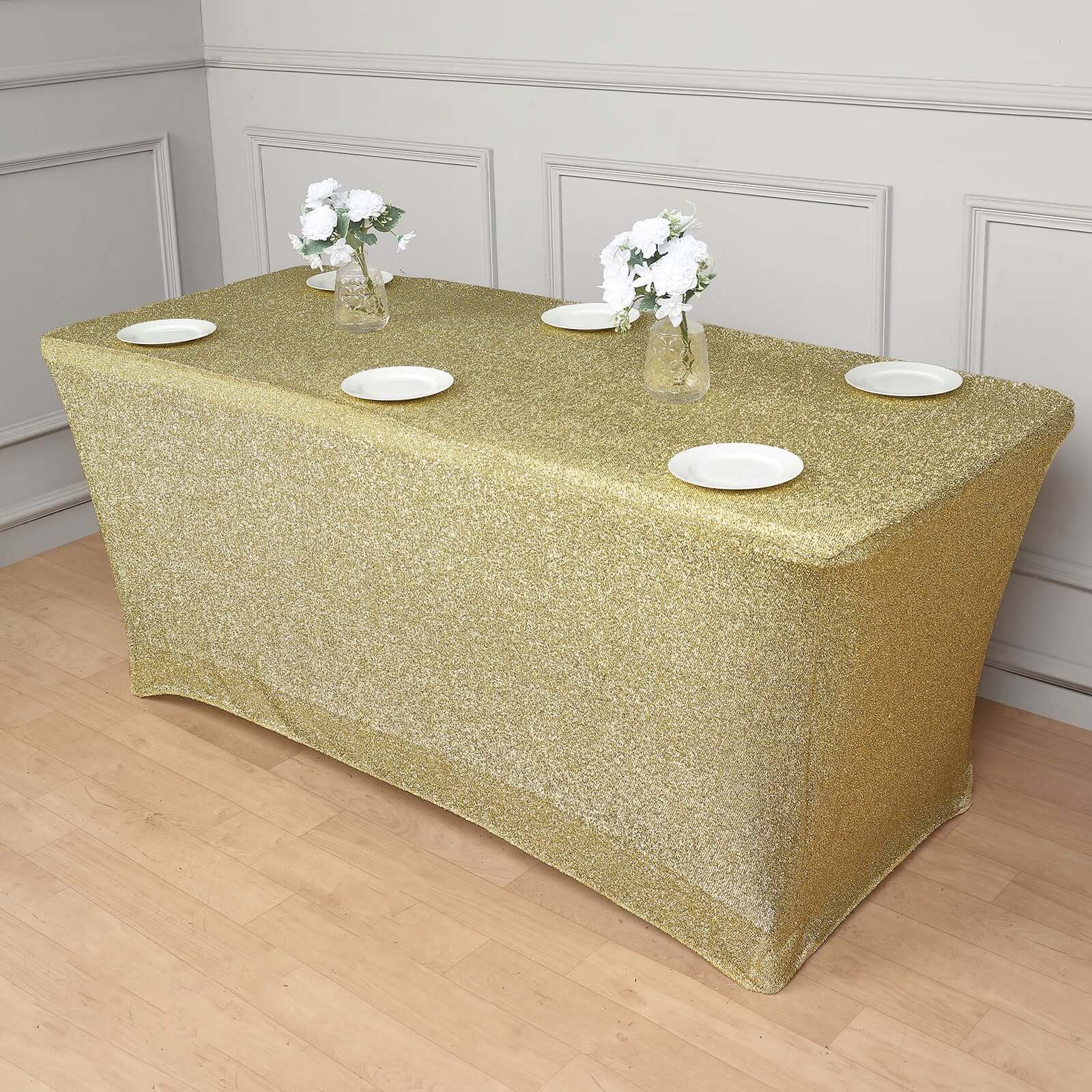 Shimmer Tinsel Spandex 72"x30" Rectangle Tablecloth Metallic Champagne Glittered Shiny Stretch Table Cover