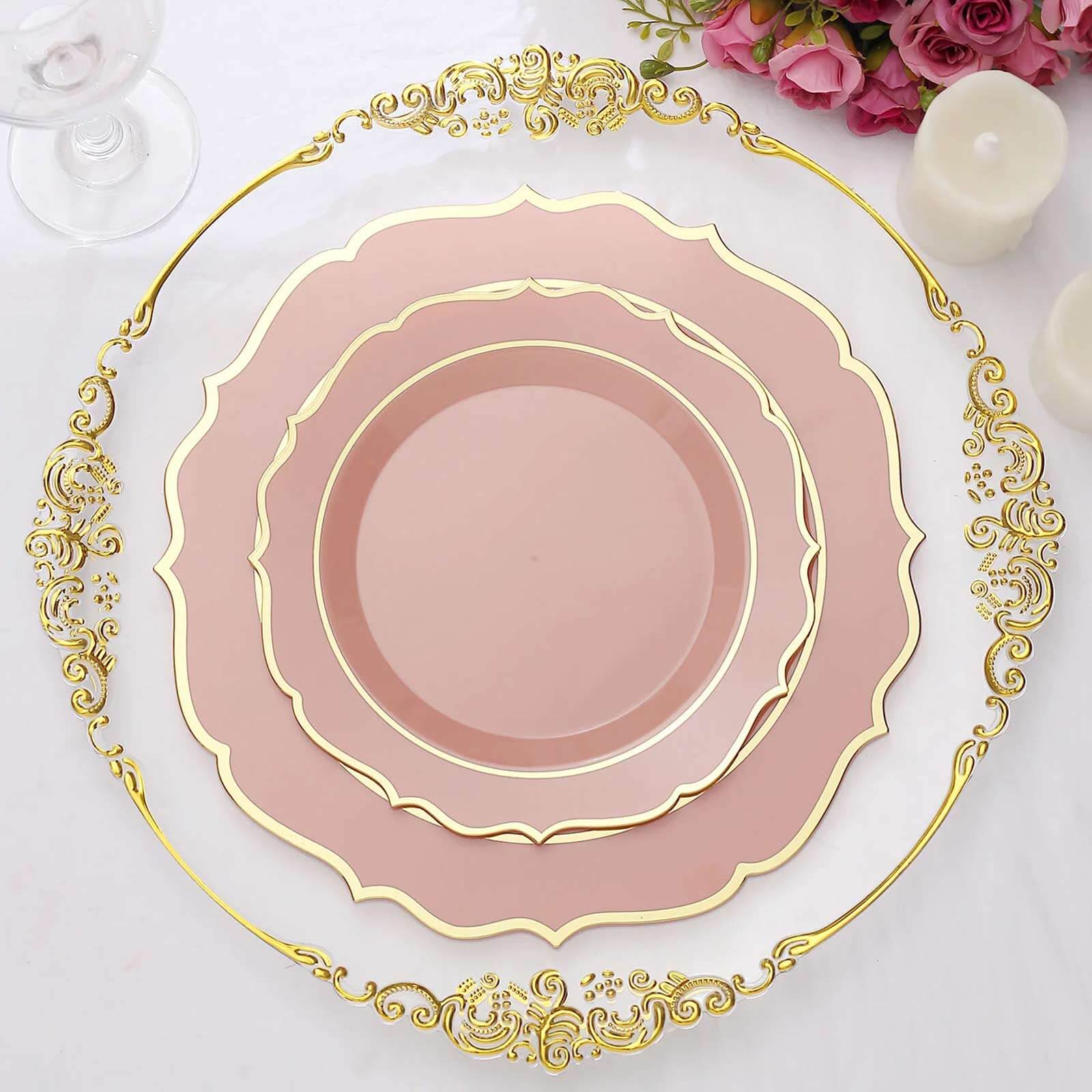 10-Pack Plastic 8" Round Desert Plates in Dusty Rose with Gold Scalloped Rim - Disposable Appetizer/Salad Plates