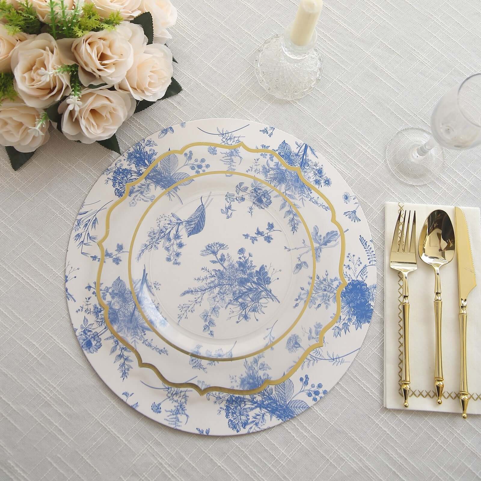 6-Pack Disposable Charger Plates in French Toile Print 13" in White/Blue - 700GSM Floral Paper Chargers for Stylish & Easy Cleanup