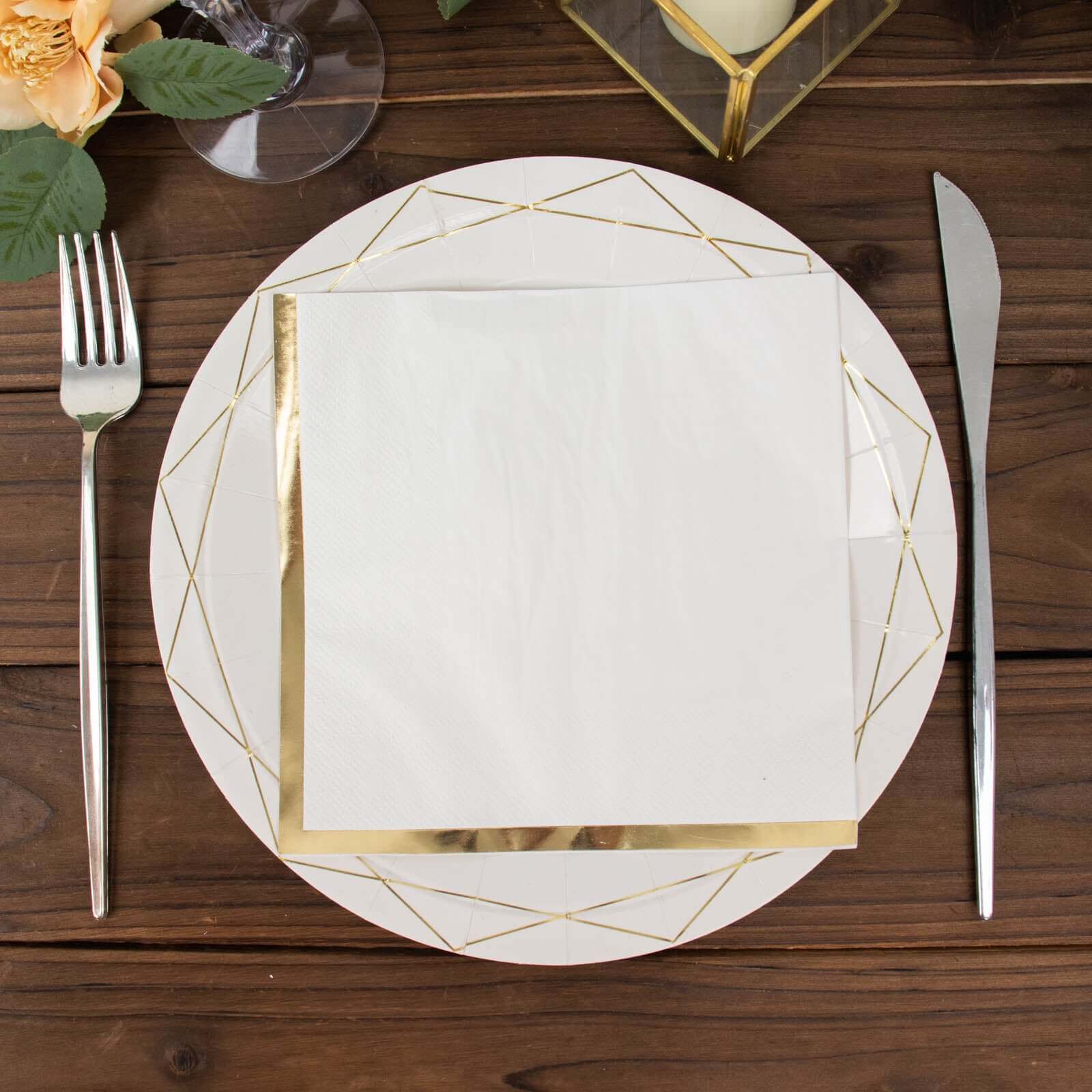 50-Pack Paper Beverage Napkins with Gold Foil Edge White - Disposable 2 Ply Cocktail Napkins for Events 6.5"x6.5"