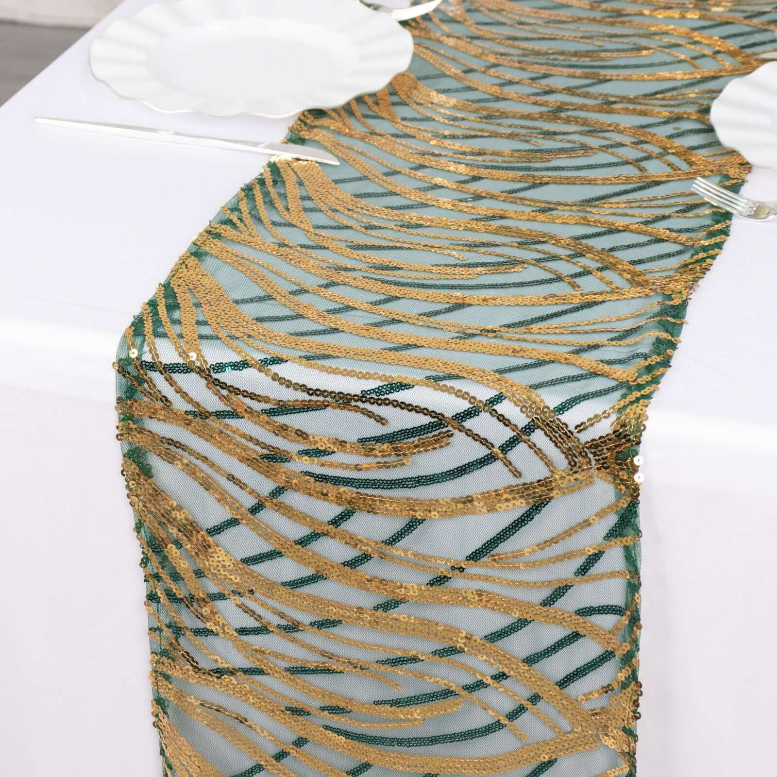 Sequin Mesh 12"x108" Table Runner Hunter Emerald Green Stylish Wave Embroidery