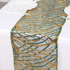 Sequin Mesh 12"x108" Table Runner Hunter Emerald Green Stylish Wave Embroidery
