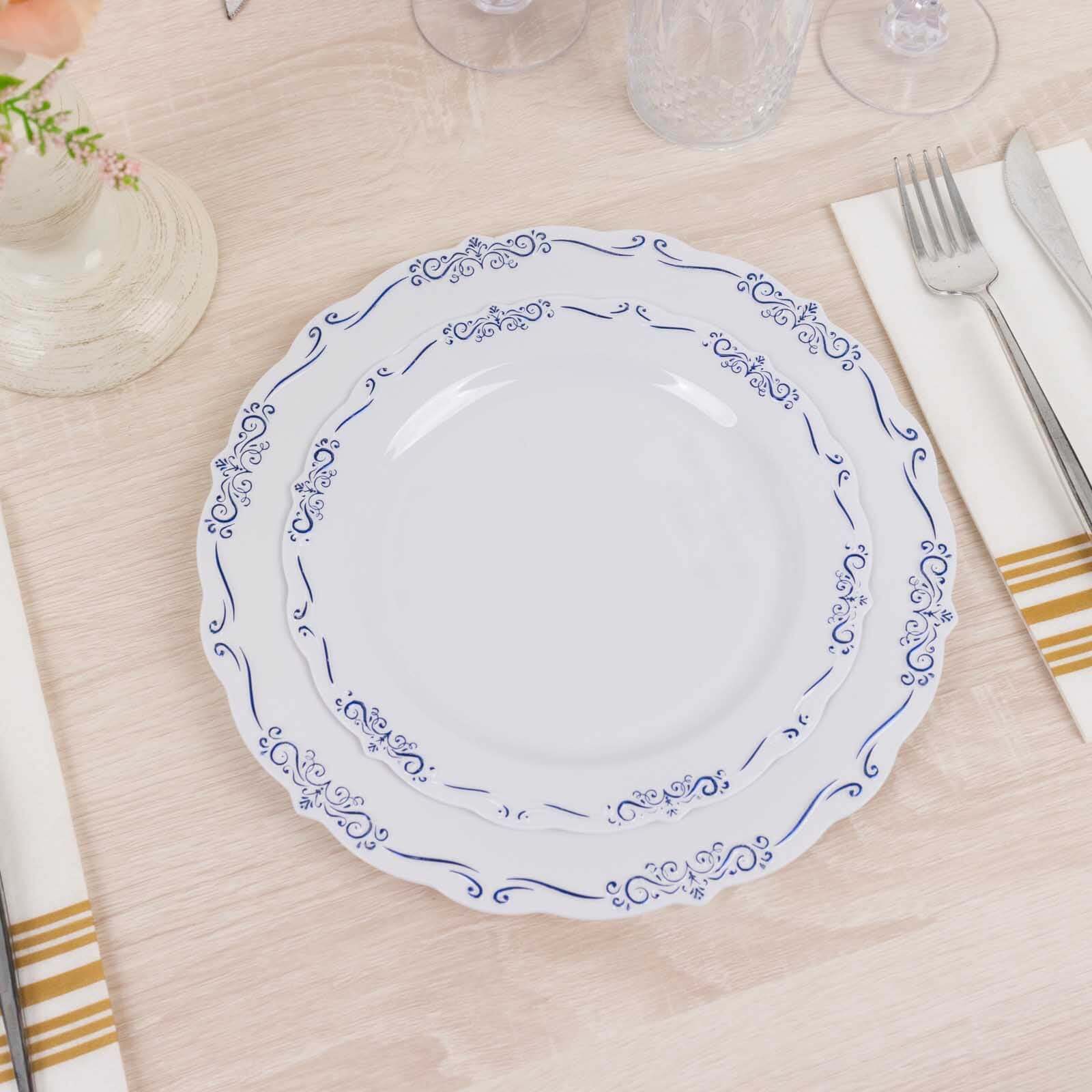 10-Pack Plastic 7" Round Dessert Plates in White with Blue Vintage Embossed Rim - Sturdy Disposable Scalloped Edge Salad Plates