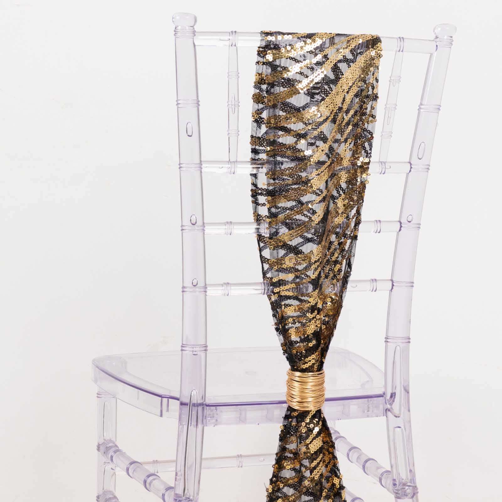 5 Pack Chair Sashes with Wave Embroidered Sequins Black/Gold 6"x88" - Stylish Glittering Decor for Weddings