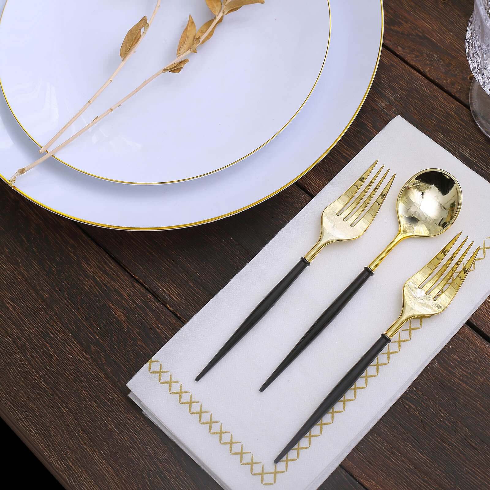 24-Pack Plastic Fork and Spoon Set Gold/Black - Heavy Duty Disposable Modern Utensils 6"