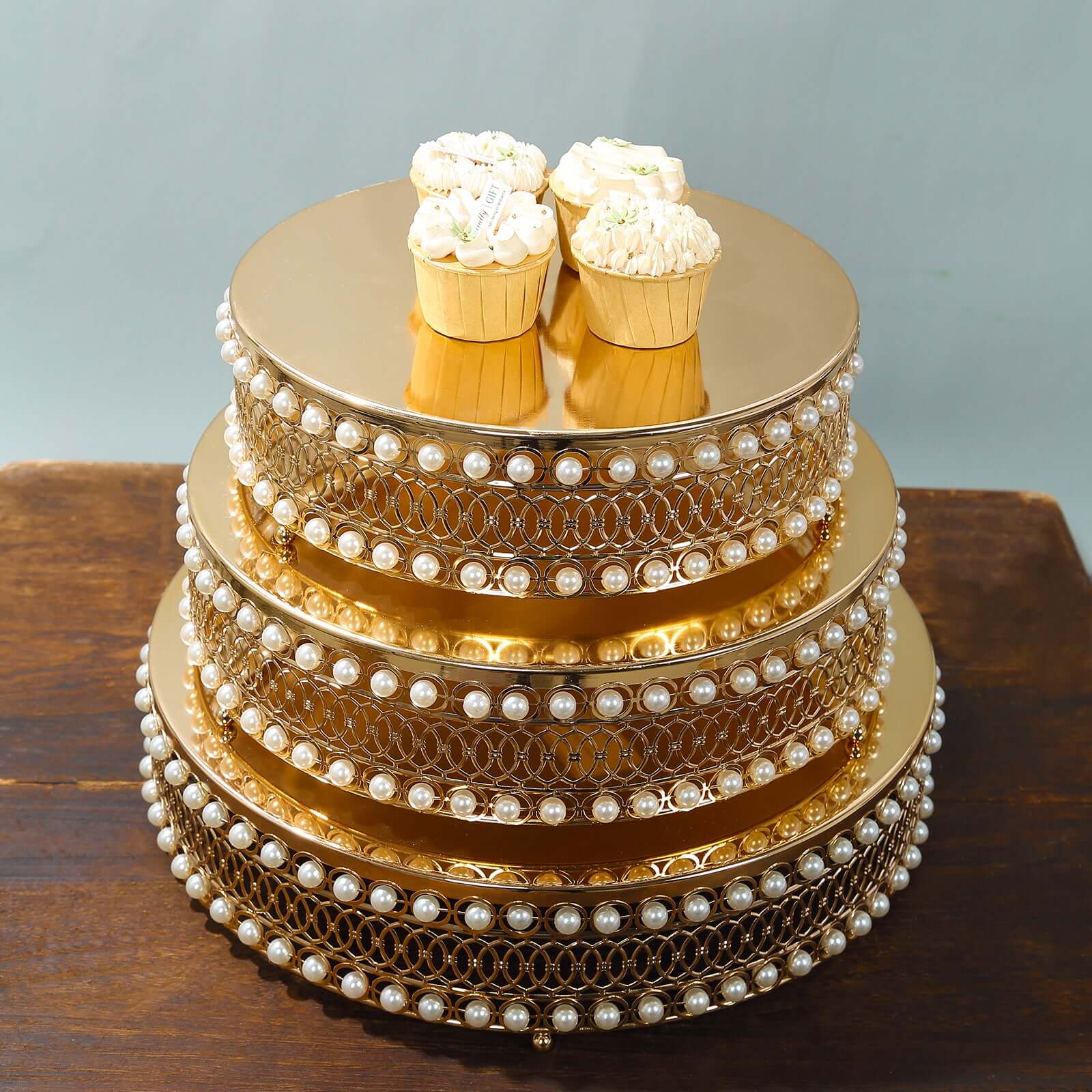 Set of 3 Cake Stands Round Design with Mirror Top Gold - Pearl Beaded Stackable Cupcake Holders Metal 12", 14", 16"