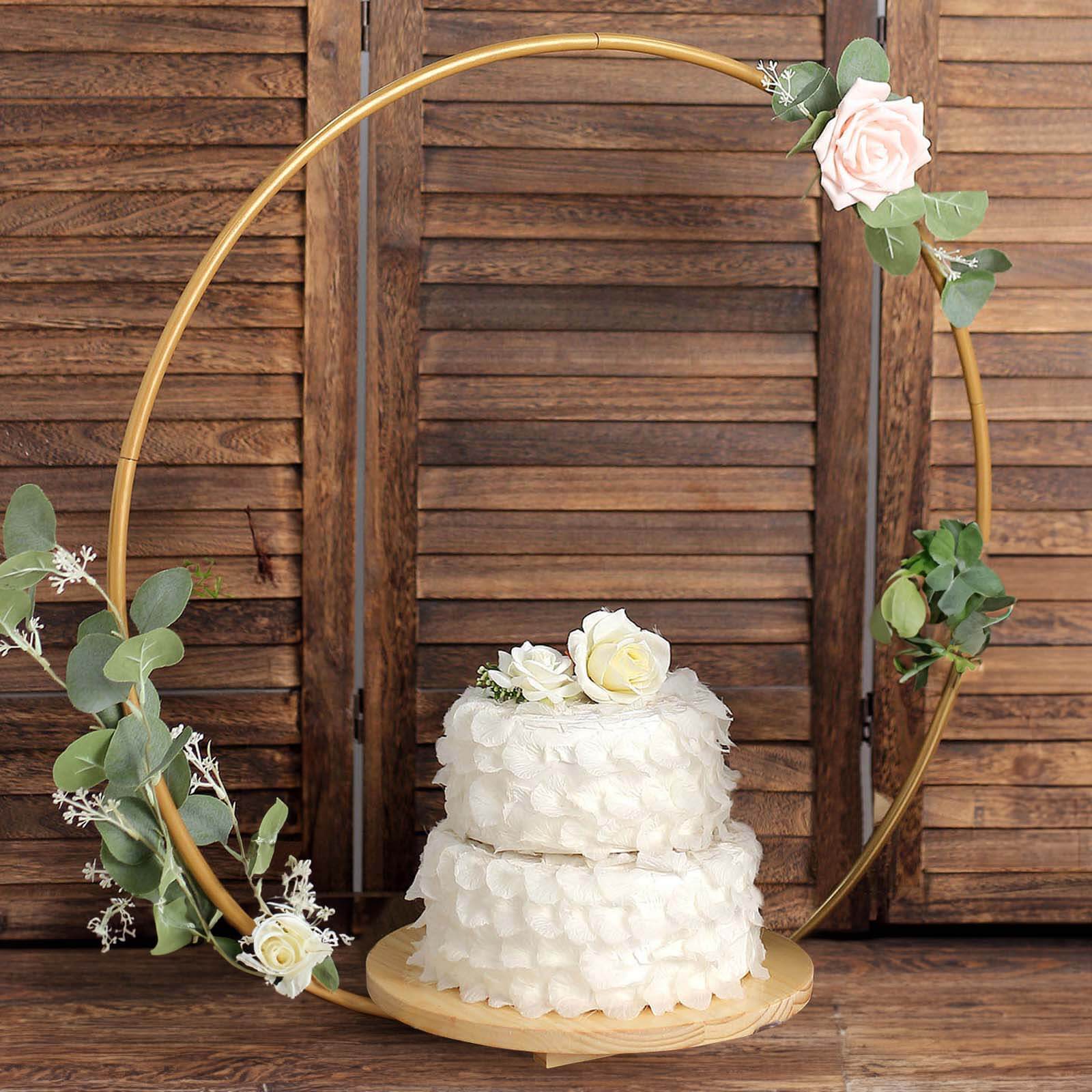 Metal Round Floral Hoop Cake Stand Gold - Chic Geometric Dessert Display DIY Centerpiece Table Decoration With Wooden Base 33"