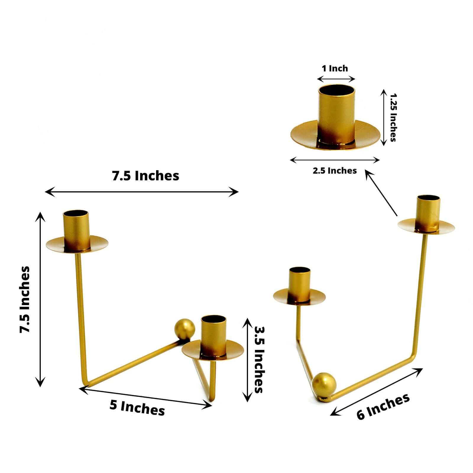 2-Pack V-Shaped Geometric Taper Candelabra 2 Arm Candle Holder Design Gold Metal - Wedding Decor Accent 7"