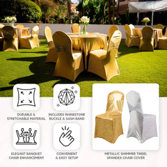 Spandex Banquet Chair Cover Metallic Gold Tinsel with Sash and Rhinestone Buckle - Luxe Shimmering Fitted Slipcover for Events