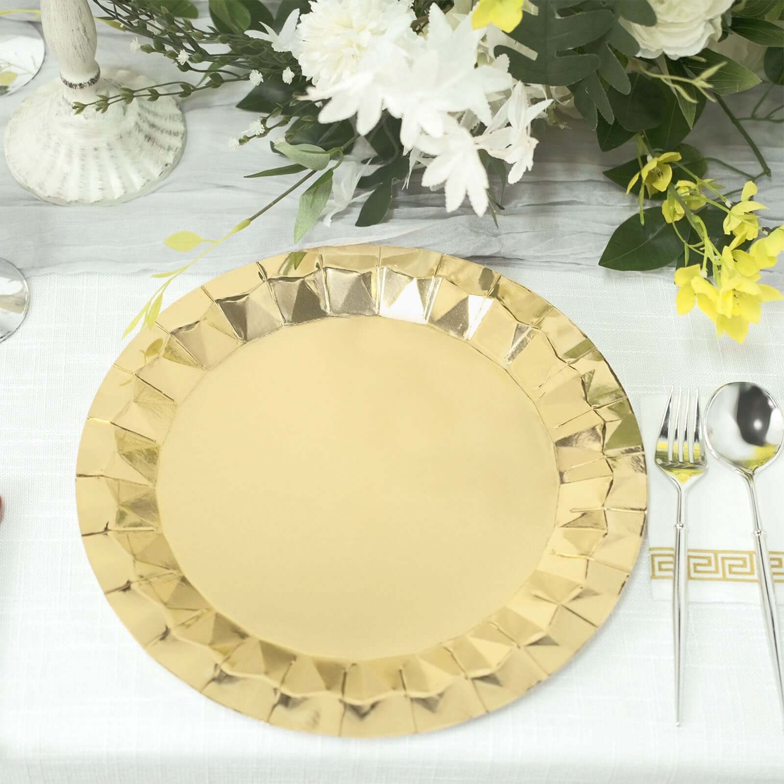 25-Pack Paper 12" Round Charger Plates in Metallic Gold with Geometric Prism Design - Disposable 400GSM Serving Trays for Stylish Banquets & Celebrations