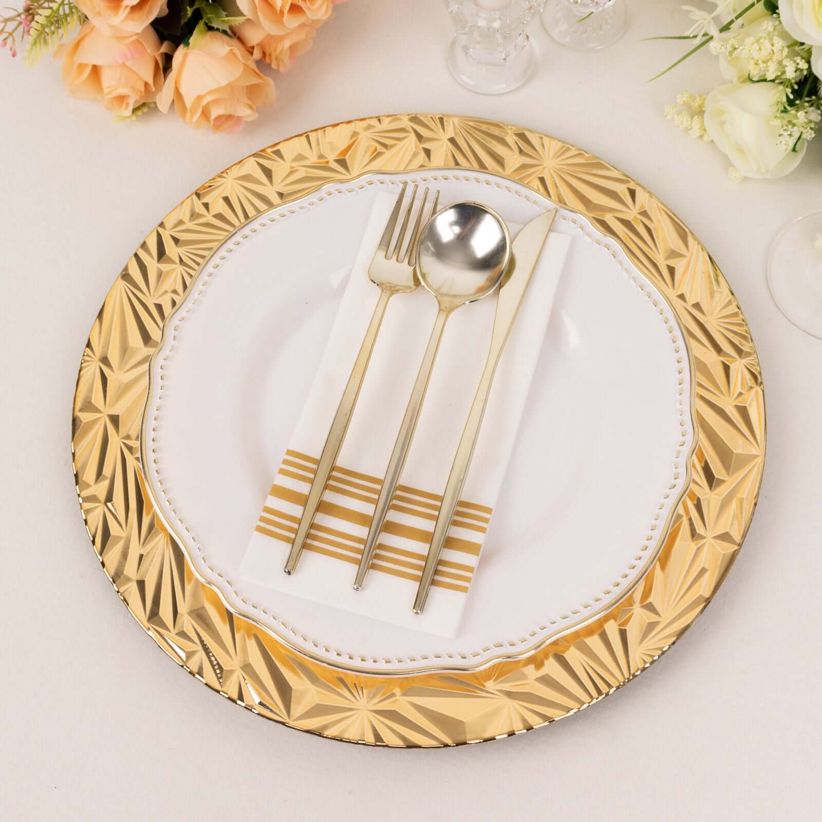 6-Pack Acrylic Round Charger Plates 13" in Metallic Gold with Rock Cut Design, Durable Plastic Dinner Charger Tableware