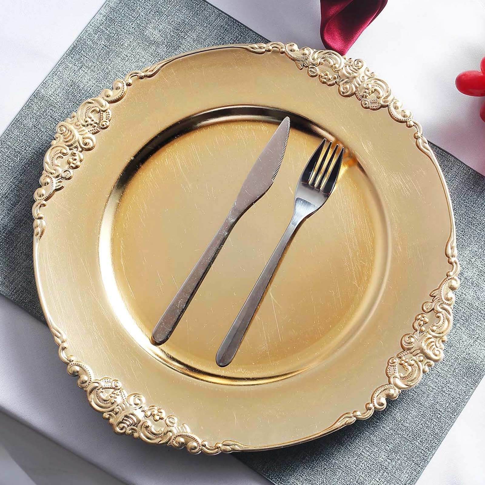 6-Pack Acrylic Round Charger Plates 13" in Gold with Embossed Baroque Rim, Antique Decorative Dinner Party Charger Tableware
