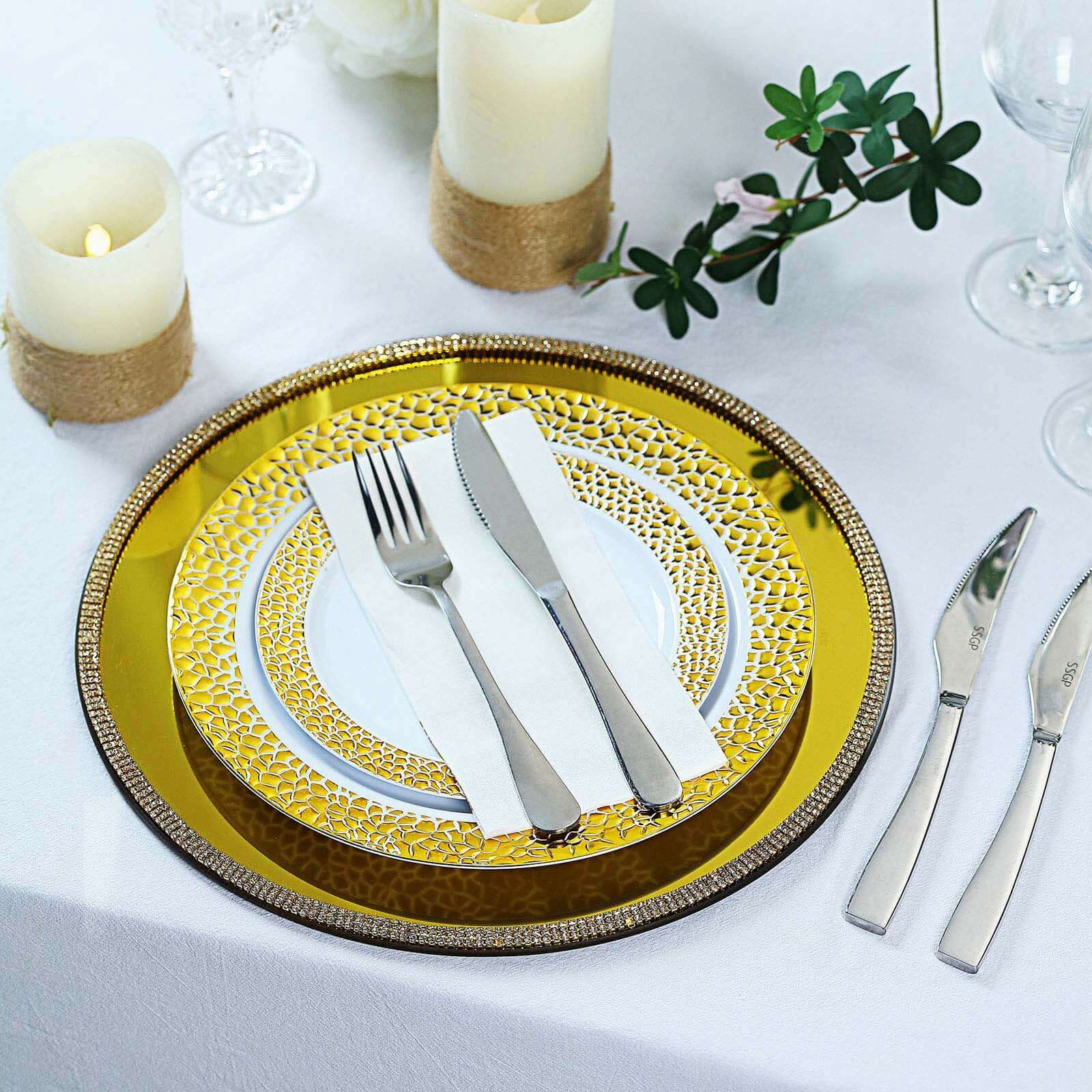 2-Pack Mirror Glass Round Charger Plates 13" with Metallic Gold Mirror Rhinestone Rim, Dazzling Decorative Chargers