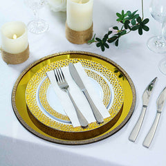 2-Pack Mirror Glass Round Charger Plates 13" with Metallic Gold Mirror Rhinestone Rim, Dazzling Decorative Chargers