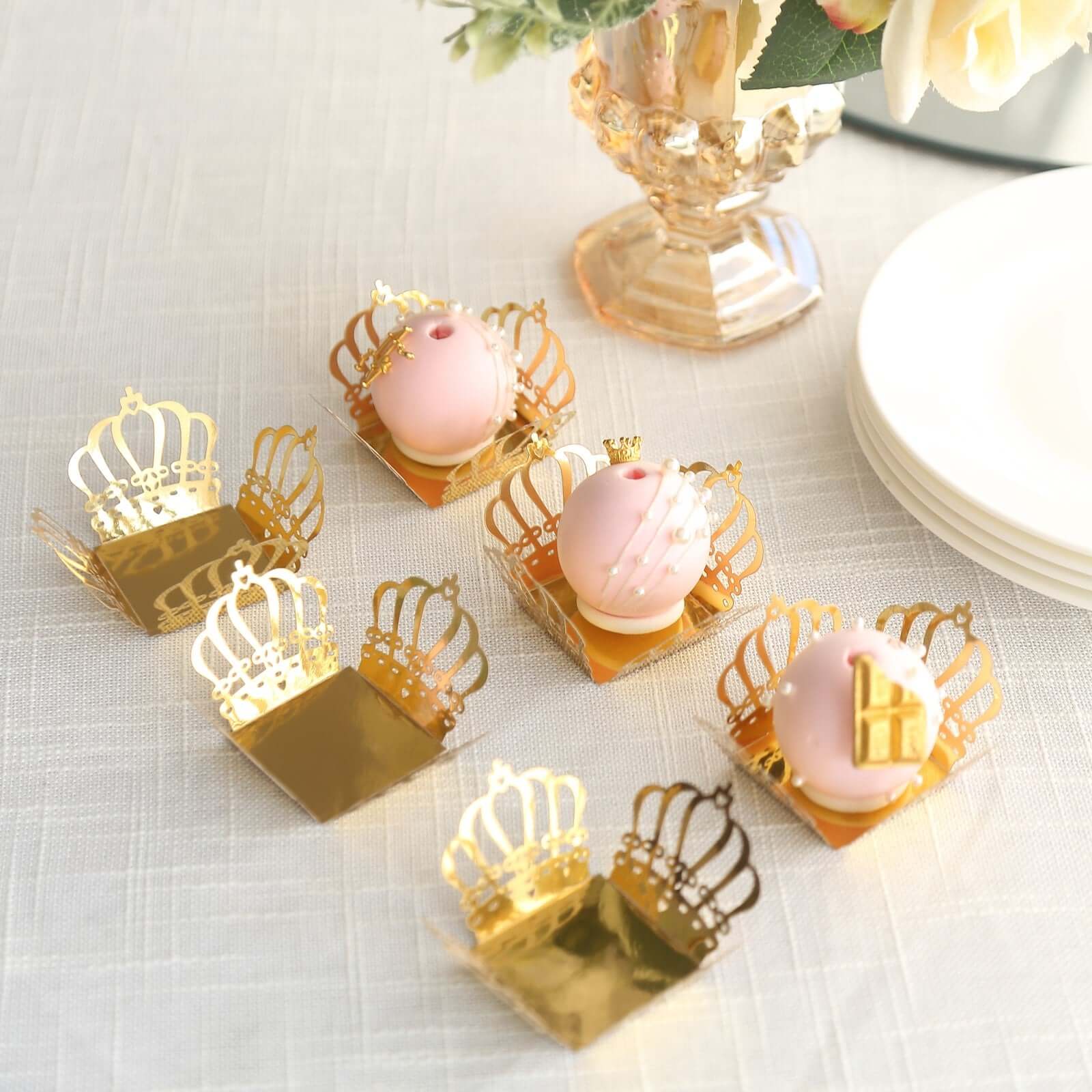 50-Pack Mini Paper Truffle Cup Liners Crown Square Design Metallic Gold - 225GSM Cupcake Tray Wrappers 4"