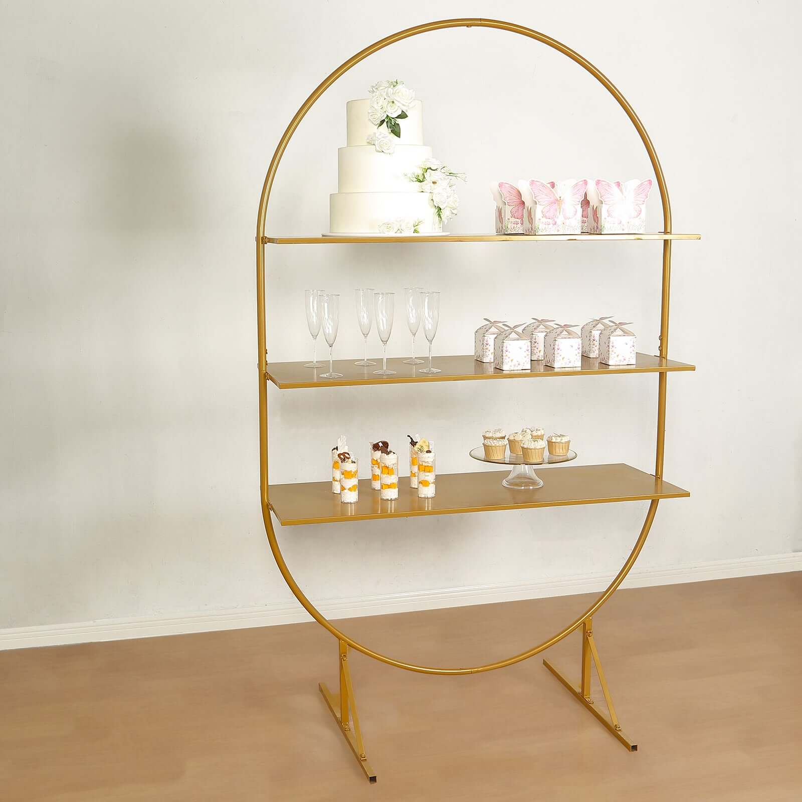3-Tier Metal Oval Cupcake Dessert Stand Gold - Large Versatile Floor Standing Arch Cake Display Shelf Rack for Luxurious Event and Party Settings 6.5ft