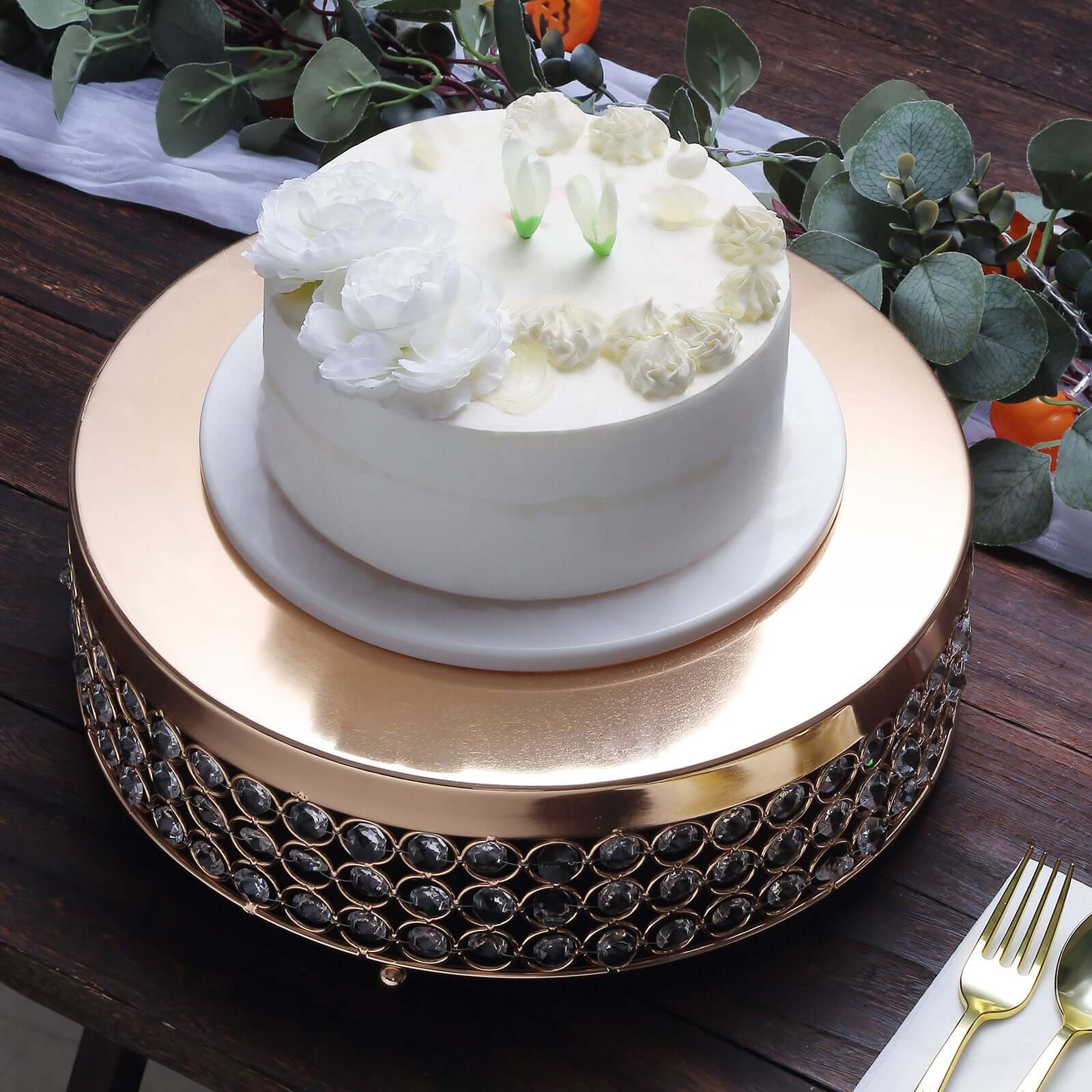 Metal Cake Stand Pedestal Crystal Beaded Design Gold - Cupcake Display and Dessert Riser 13"