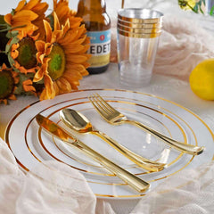 25-Pack Plastic Utensil Set Metallic Gold Classic Heavy Duty - Decorative Disposable Tableware 7", 8"
