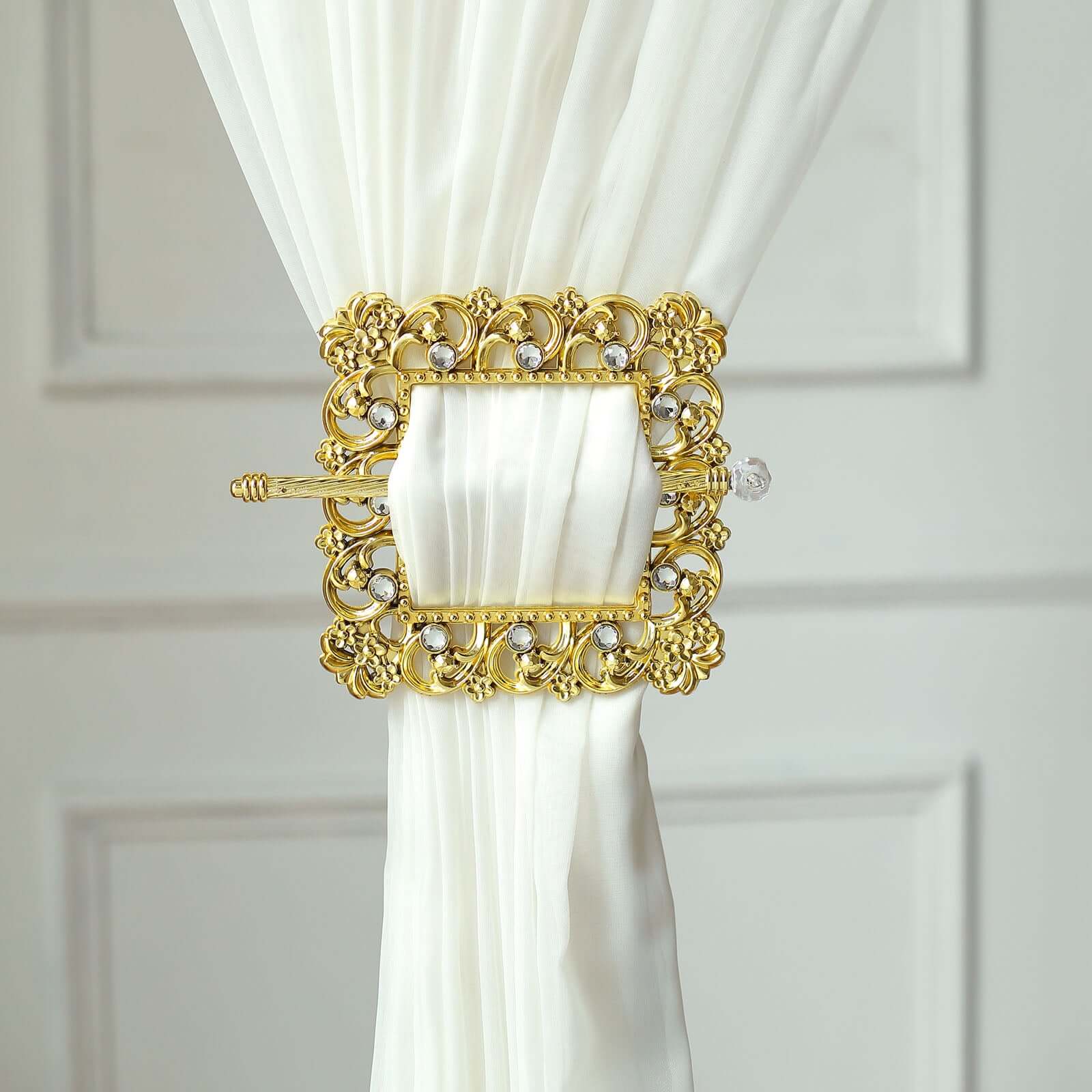 Set of 2 7" Gold Barrette Style Diamond Backdrop Drapery Holdbacks, Square Acrylic Crystal Curtain Brooch Tie Backs