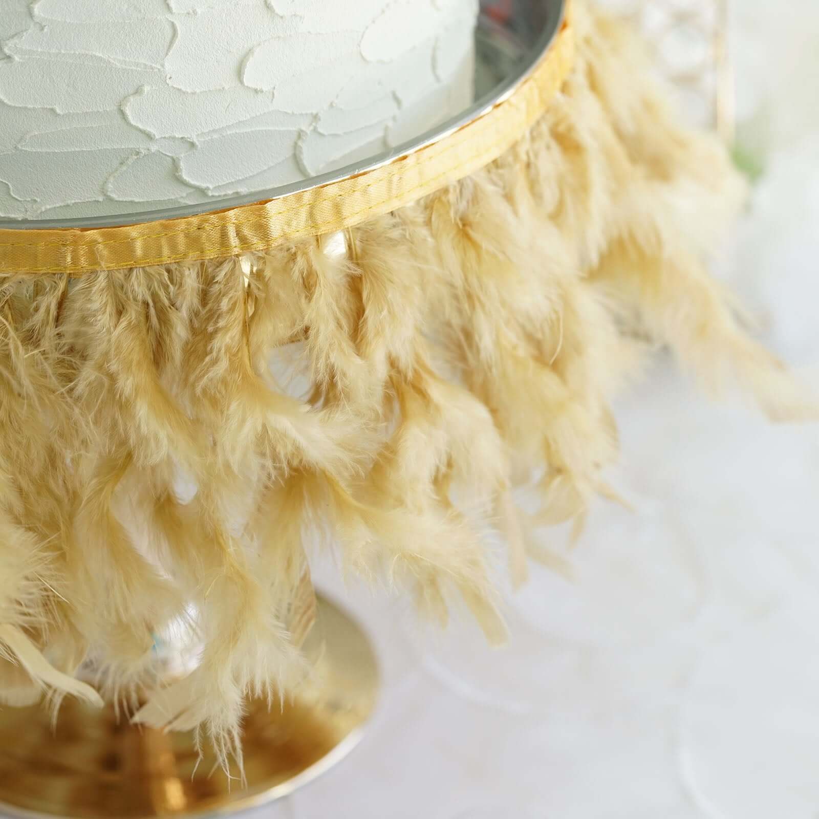 39" Gold Real Turkey Feather Fringe Trim With Satin Ribbon Tape