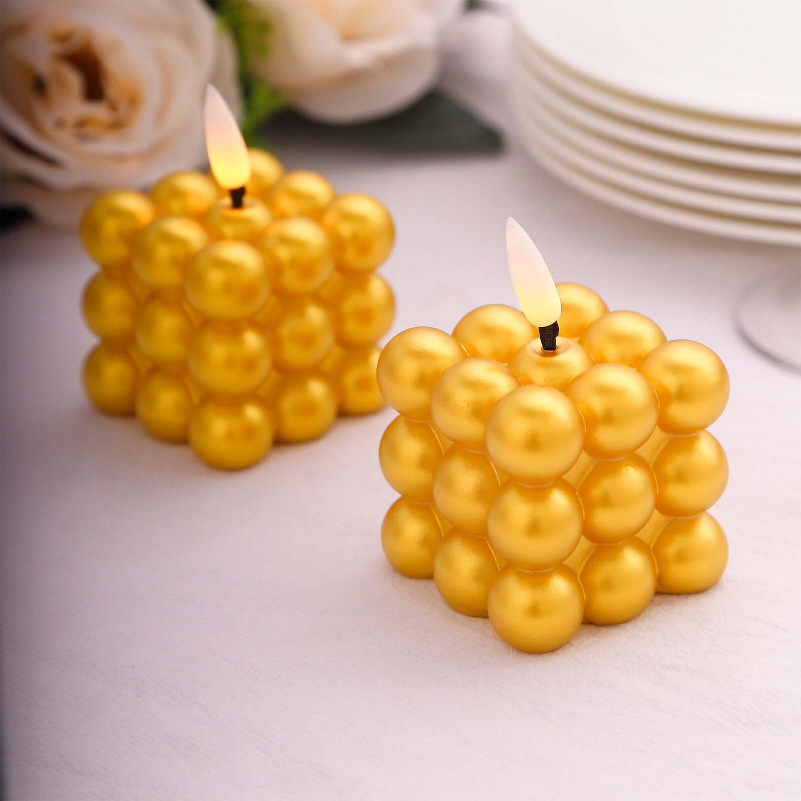 2-Pack LED Flameless Cube Candles Mini Bubble Metallic Gold - Battery Operated 2"