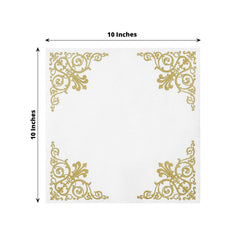 20 Pack Linen-Like Paper 5"x5" Napkins White - Gold Fleur Vintage Airlaid Cocktail Napkins
