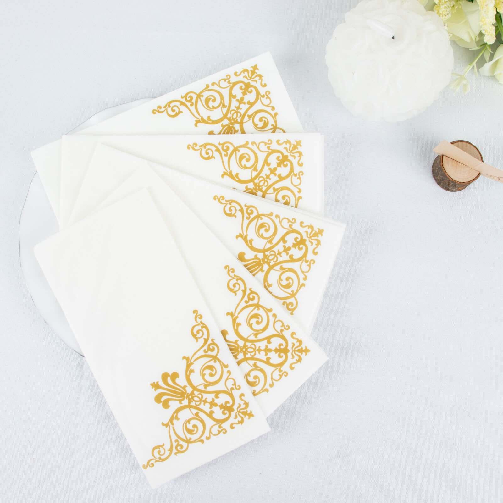 25 Pack White Linen-Feel Dinner Paper Napkins with Gold Fleur Vintage Print, Premium Cloth-Like Airlaid Disposable Napkins, Soft and Absorbent Guest Towels