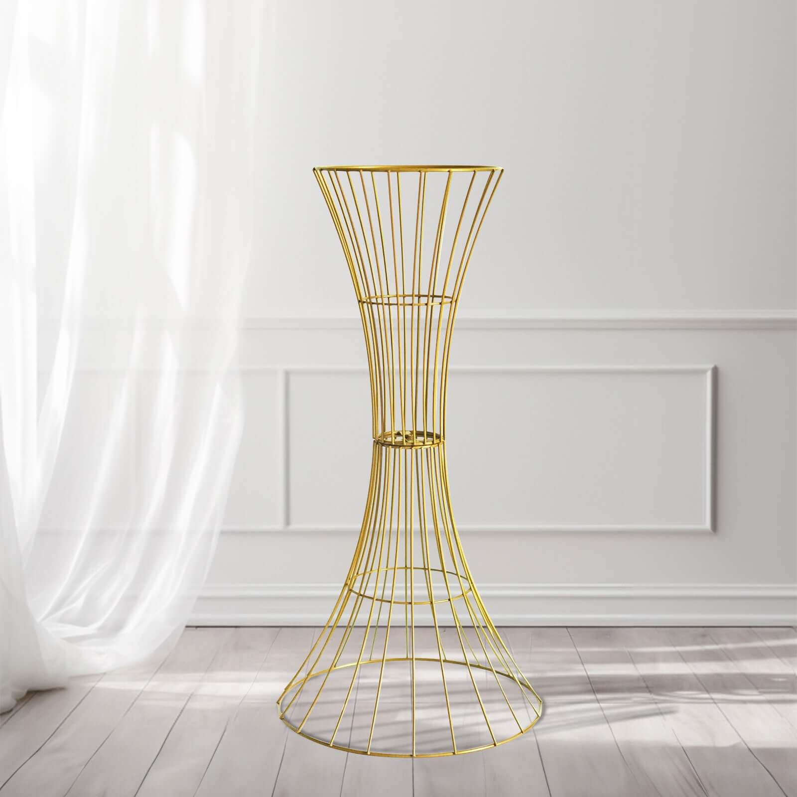 Metal Centerpiece Stand Gold Hourglass Trumpet Shape Design - Flower Open Frame Reversible Pedestal 24"
