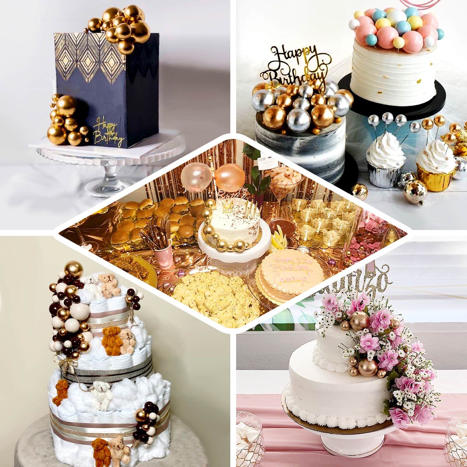 12 Pcs Cake Topper Picks Faux Pearl Ball Design Gold - Foam Balloon DIY Cupcake Decor Supplies Assorted Sizes