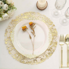 10-Pack Table Placemats Foil Design Metallic Gold Round - Mesh Disposable Shiny Dining Mats 13"