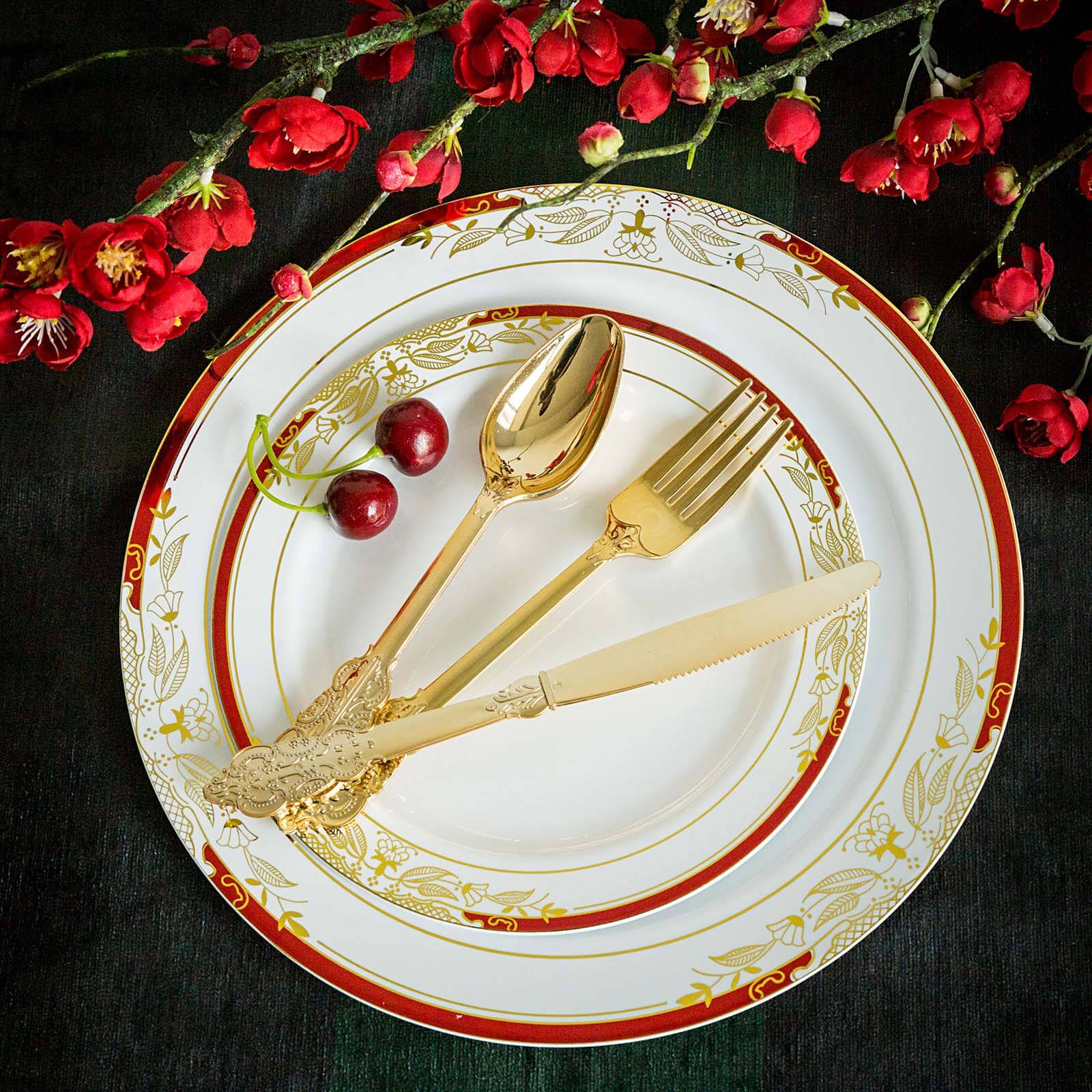24-Pack Plastic Forks Baroque Style Metallic Gold - Heavy Duty Disposable Silverware 8"