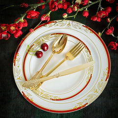 24-Pack Plastic Forks Baroque Style Metallic Gold - Heavy Duty Disposable Silverware 8"
