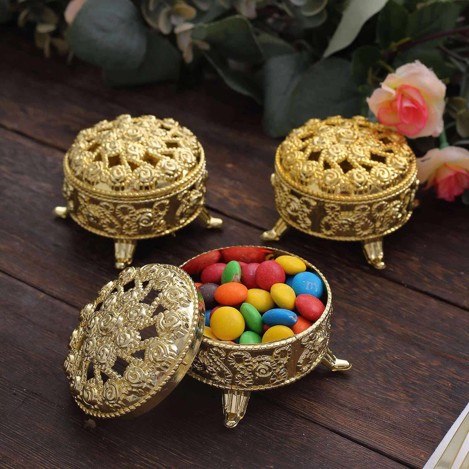 12-Pack Plastic Fillable Mini Candy Container in Vintage Ornate Round Box Style Metallic Gold - Candy Treat Favor Boxes 2.5"