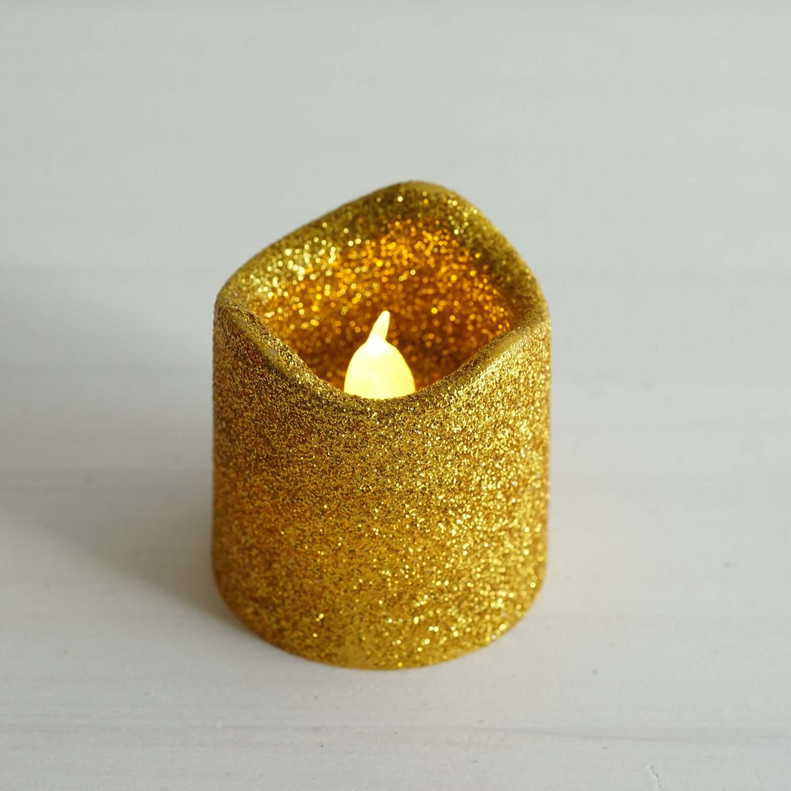 12-Pack LED Votive Candles Glittered Gold Design - Reusable Flameless Battery Operated Lights