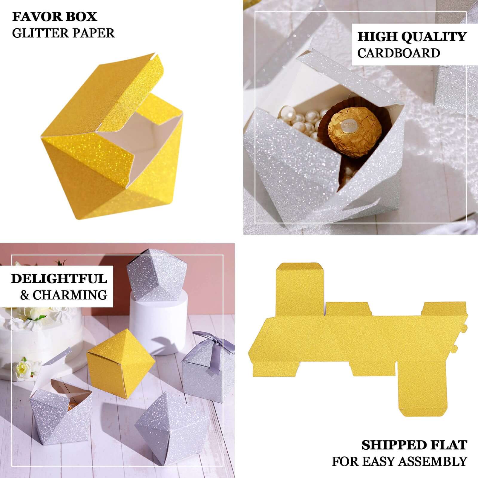 25 Pack 3"x4" DIY Gold Glittered Geometric Wedding Favor Gift Box