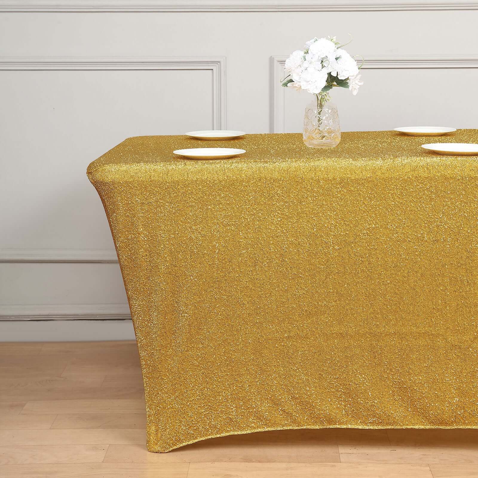 Shimmer Tinsel Spandex 72"x30" Rectangle Tablecloth Metallic Gold Glittered Shiny Stretch Table Cover for Gleaming Event Decor