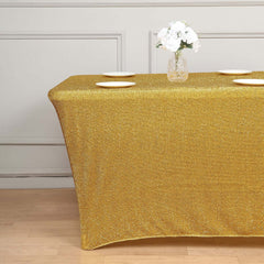 Shimmer Tinsel Spandex 72"x30" Rectangle Tablecloth Metallic Gold Glittered Shiny Stretch Table Cover for Gleaming Event Decor