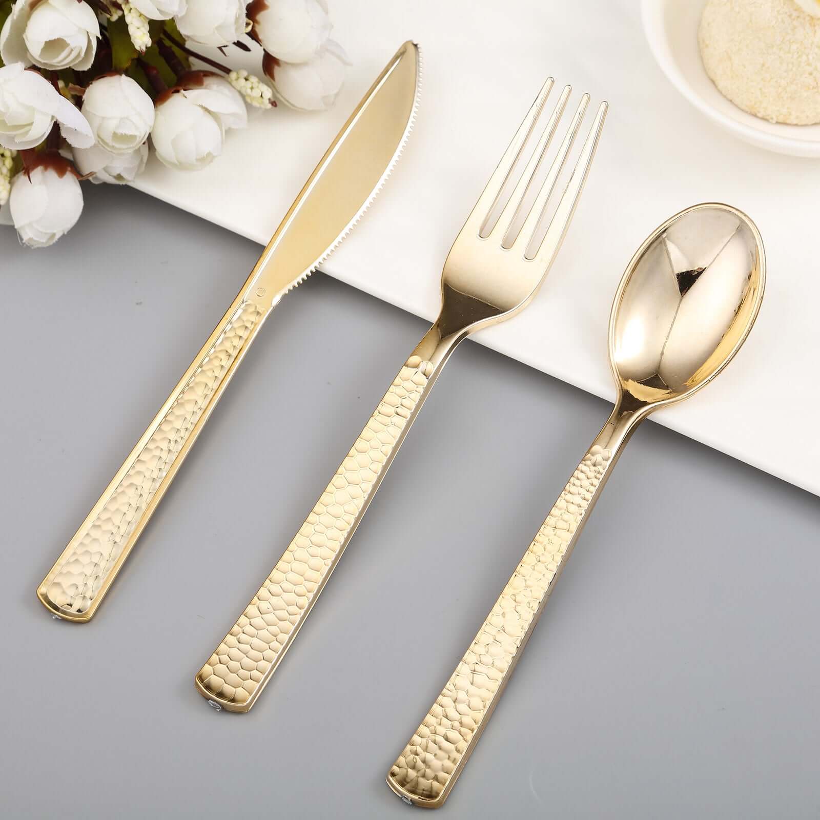 24-Pack Plastic Forks with Hammered Style Gold - Heavy Duty Disposable Silverware 7"