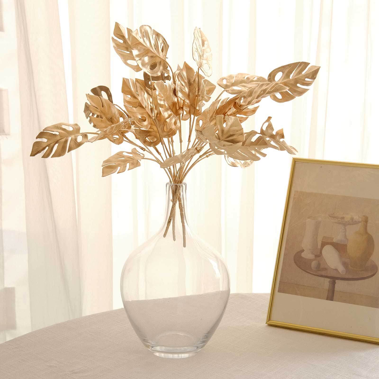 4-Pack Artificial Monstera Leaves Bushes Metallic Gold - Chic Faux Palm Leaf Decor Vase Filler for Hawaiian Jungle Tropical Themed Weddings Parties & Events 14"