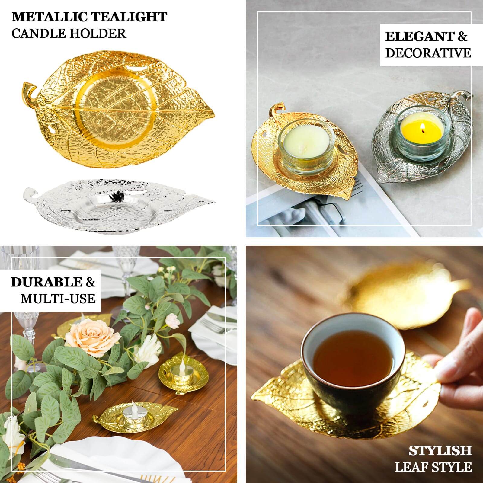 3-Pack Metal Votive Candle Holders Maple Leaf Design Shiny Gold - Vintage Mini Tea Cup Saucers 5"