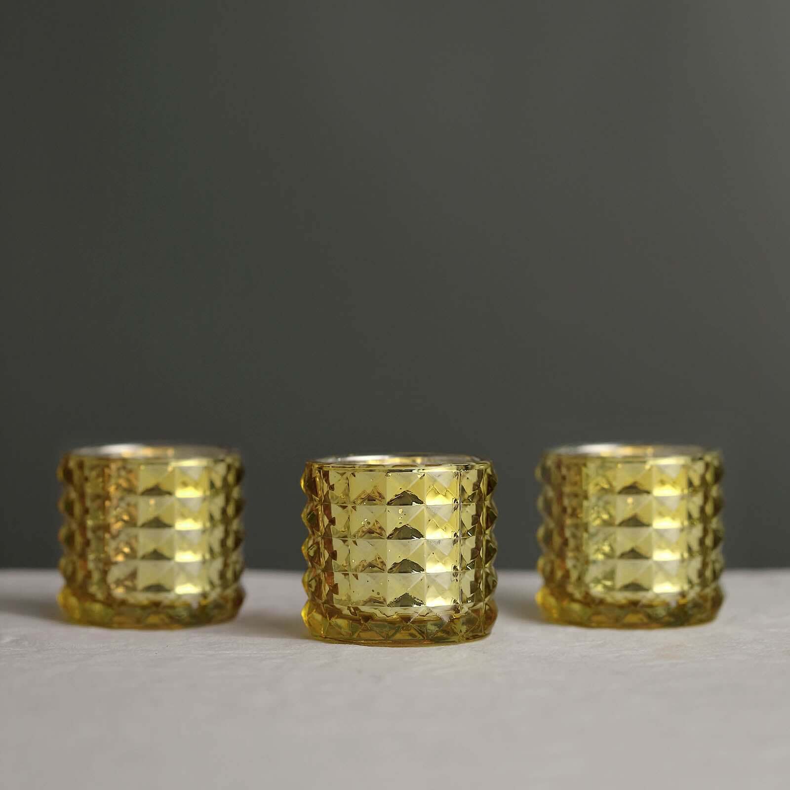 6 Pack 3" Studded Gold Mercury Glass Votive Holders, Faceted Tealight Candle Holders