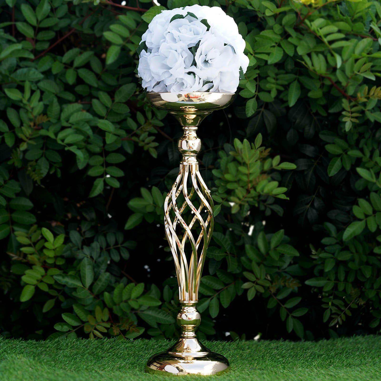 3-Pack Metal Pillar Candle Holders Reversible Flower Ball Pedestal Design Gold - Decorative Event Centerpieces 26"