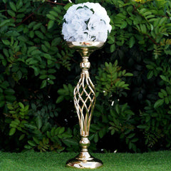 3-Pack Metal Pillar Candle Holders Reversible Flower Ball Pedestal Design Gold - Decorative Event Centerpieces 26"