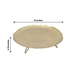 Metal Round Serving Tray 12" in Gold Floral Pattern with Wavy Rim, Pedestal Dessert Display with Hairpin Legs