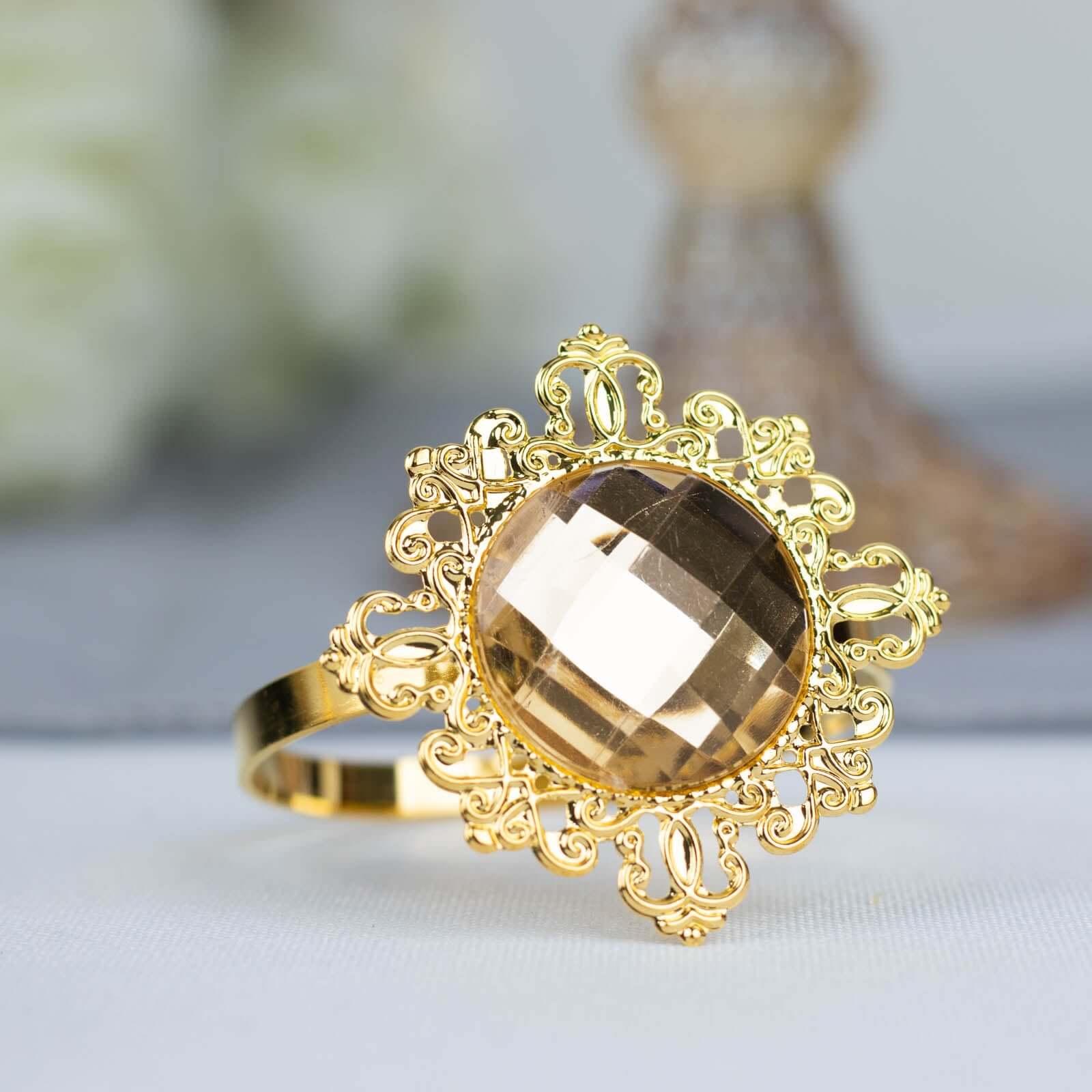 6 Pack 2" Gold Metal Crystal Rhinestone Napkin Rings, Diamond Bling Napkin Holders
