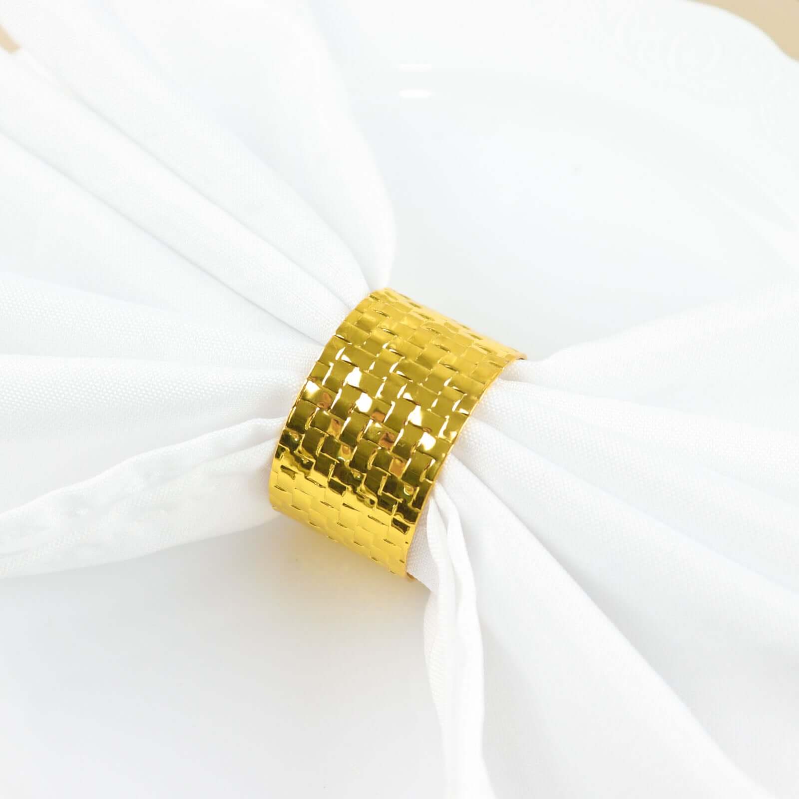 4 Pack Shiny Gold Basket Weave Napkin Rings, Metallic Napkin Holders