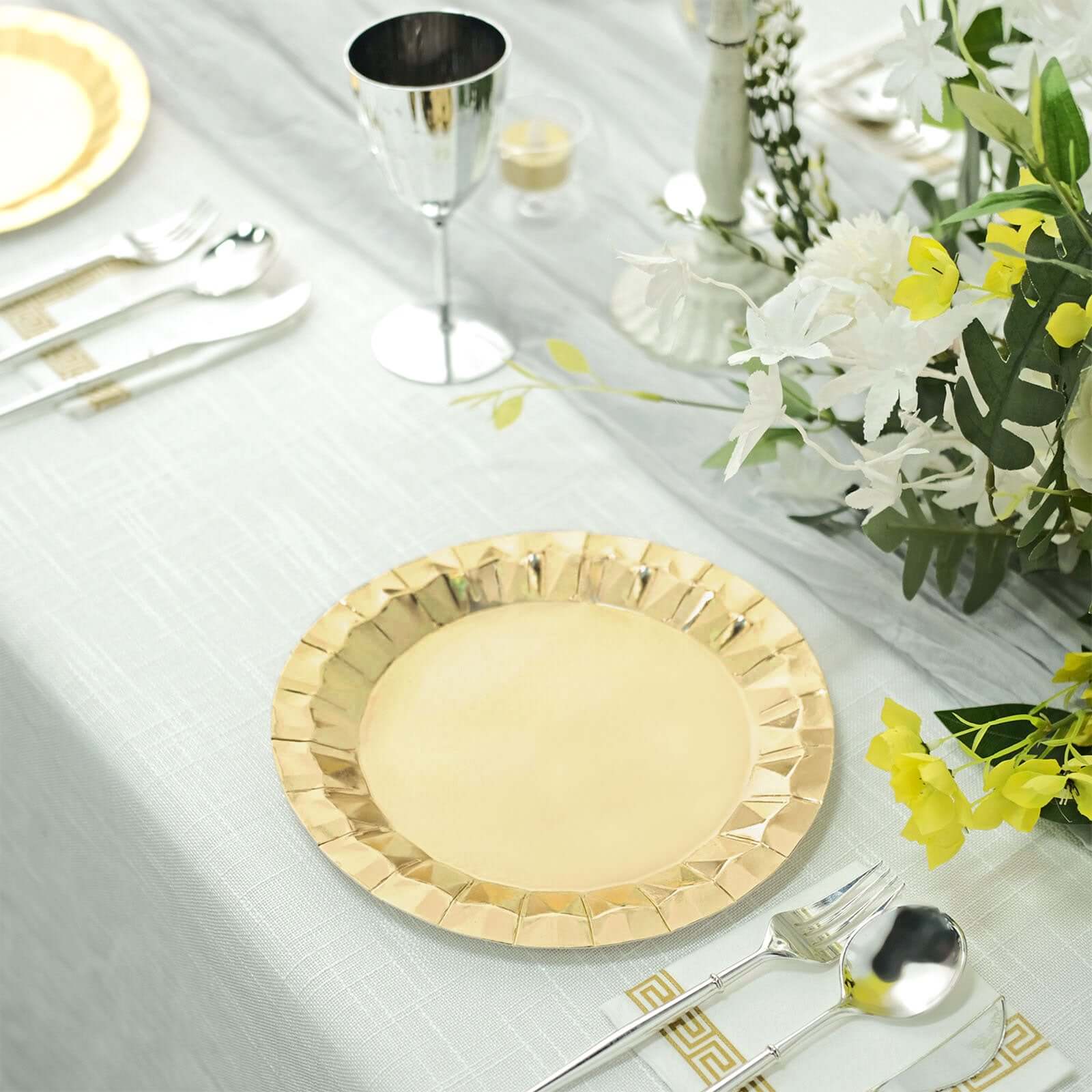 25-Pack Paper 9" Round Dinner Plates in Metallic Gold with Geometric Prism Rim - Disposable 400GSM Party Plates for Banquets & Celebrations