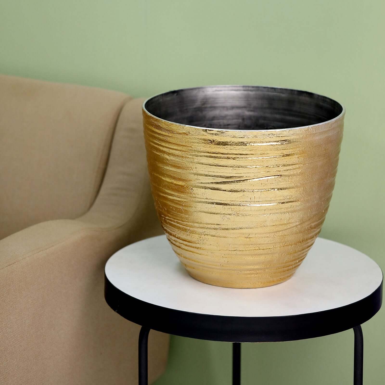 12" Metallic Gold Textured Finish Large Indoor Flower Plant Pot, Decorative Indoor Outdoor Planter